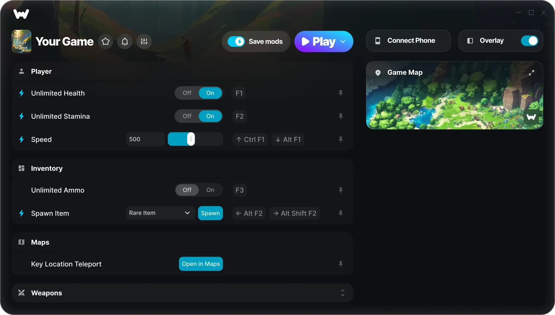 WeMod desktop app with PC game cheats, trainers, mods and map controls